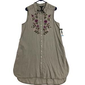 Terre Bleue Sleeveless Dress Women's Large Gray Floral Button Up‎ Embroidered